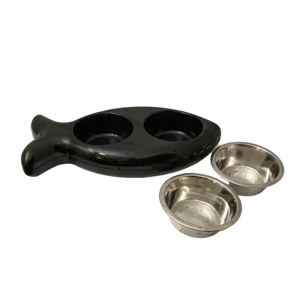 Cat Dish Fish Shaped, Black and Chrome by Blink